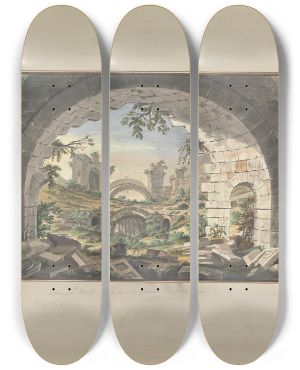 Triptych art skateboard deck of Giovanni Battista Borra Ruins At Pergamon Probably Of The Amphitheatre by Giovanni Battista Borra (1713-1770)