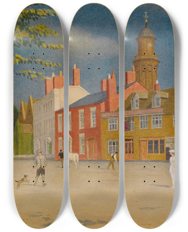 Triptych art skateboard deck of Joseph Edward Southall The Green At Banbury by Joseph Edward Southall (1861-1944)