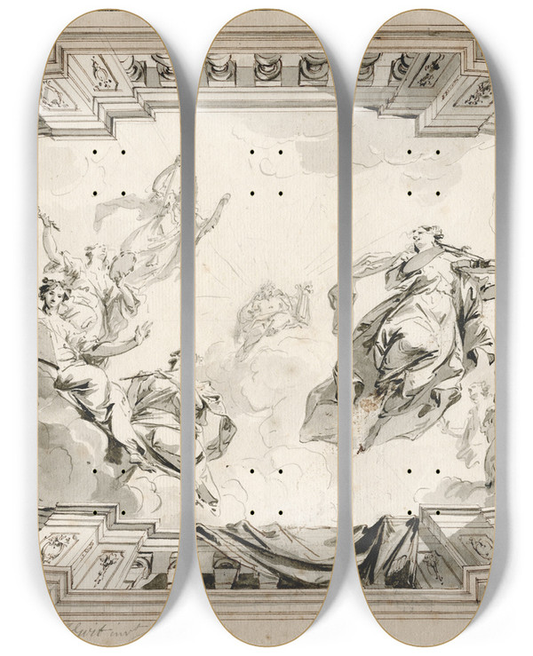 Triptych art skateboard deck of Jacob De Wit Design For A Ceiling Decoration by Jacob de Wit (1695-1754)