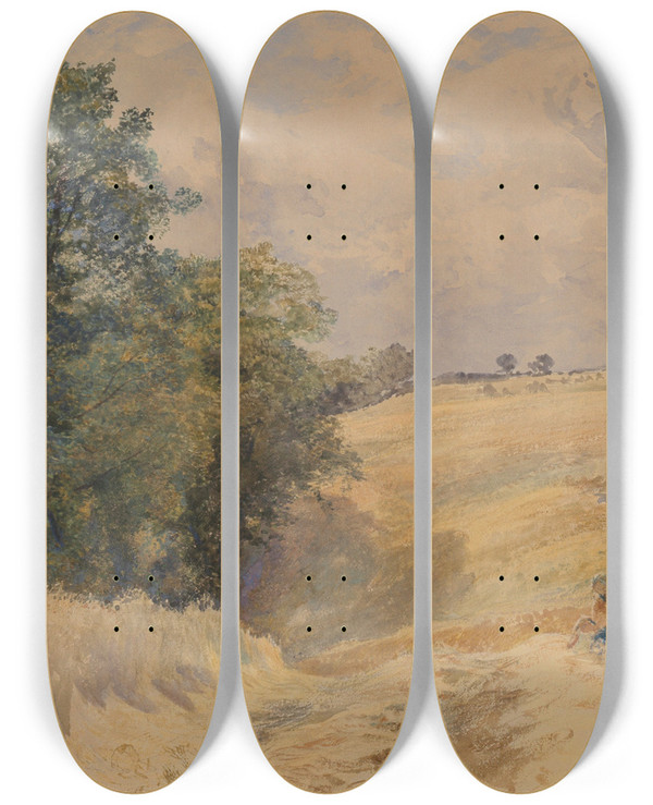 Triptych art skateboard deck of Alfred William Hunt The Hayfield by Alfred William Hunt (1830-1896)