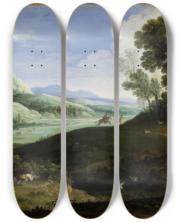 Triptych art skateboard deck of Paul Bril Landscape With Hunters by Paul Bril (1554-1626)