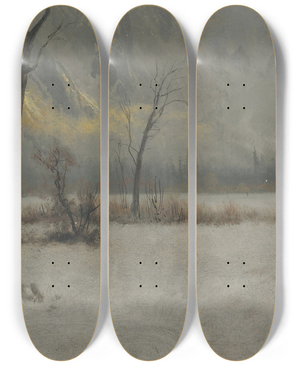 Triptych art skateboard deck of Albert Bierstadt Winter Landscape_2 by Albert Bierstadt (1830-1902)