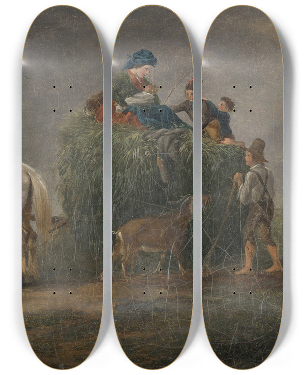 Triptych art skateboard deck of Friedrich August Matthias Gauermann Der Heuwagen by Friedrich August Matthias Gauermann (1807-1862)
