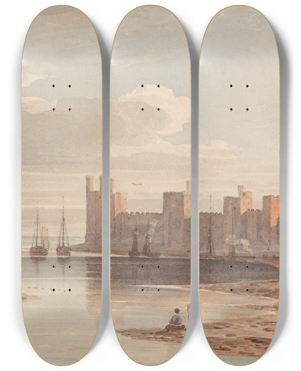 Triptych art skateboard deck of John Varley Carnarvon Castle by John Varley (1778-1842)