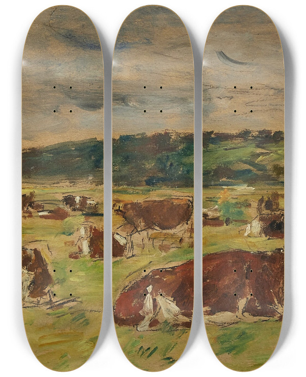 Triptych art skateboard deck of Eugne Boudin Vaches Au Pturage by Eugene Boudin (1824-1898)