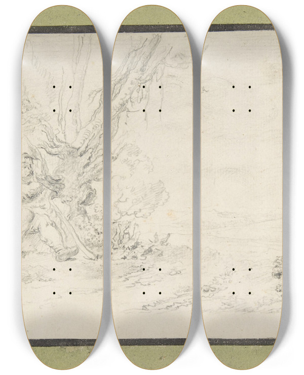 Triptych art skateboard deck of Jeanbaptiste Pillement Landscape With Seated Shepherd And Dog by Jean-Baptiste Pillement (1728-1808)