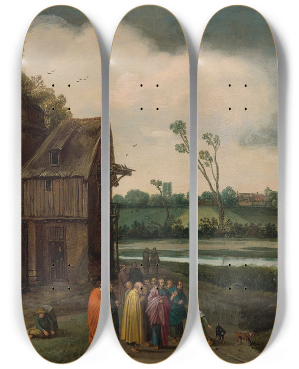 Triptych art skateboard deck of Esaias Van De Velde A Landscape With Christ And The Canaanite Woman by Esaias van de Velde (1587-1630)