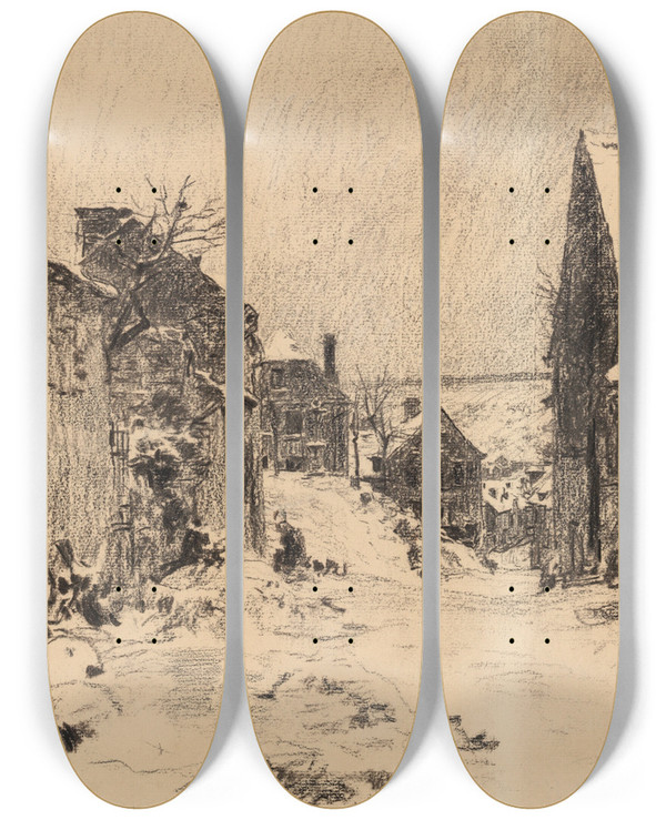 Triptych art skateboard deck of Lon Augustin Lhermitte Montsaintpre Sous La Neige Ou Effet De Neige by Lon Augustin Lhermitte (1844-1925)