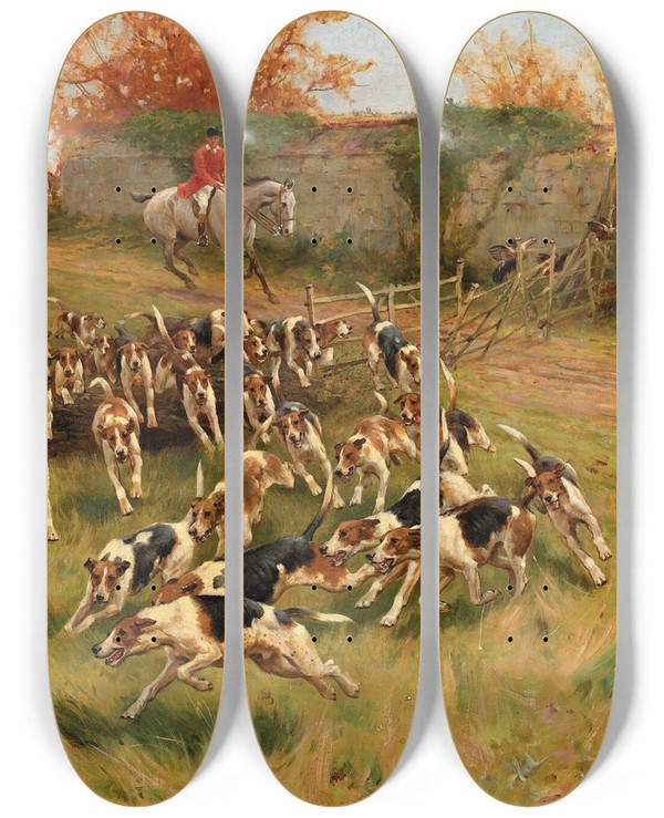 Triptych art skateboard deck of Thomas Blinks In Full Cry by Thomas Blinks (1853-1912)