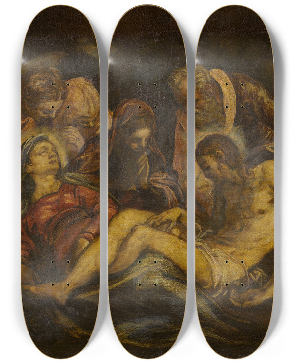 Triptych art skateboard deck of Jacopo Tintoretto Lamentation Over The Dead Christ by Jacopo Tintoretto (1518-1594)