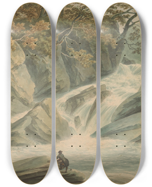 Triptych art skateboard deck of John Warwick Smith Hafod Upper Part Of Cascade by John Warwick Smith (1749-1831)