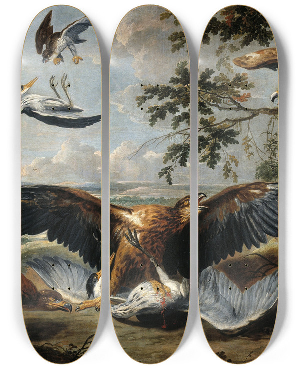 Triptych art skateboard deck of Pieter Boel Fight Between Eagles by Pieter Boel (1622-1674)