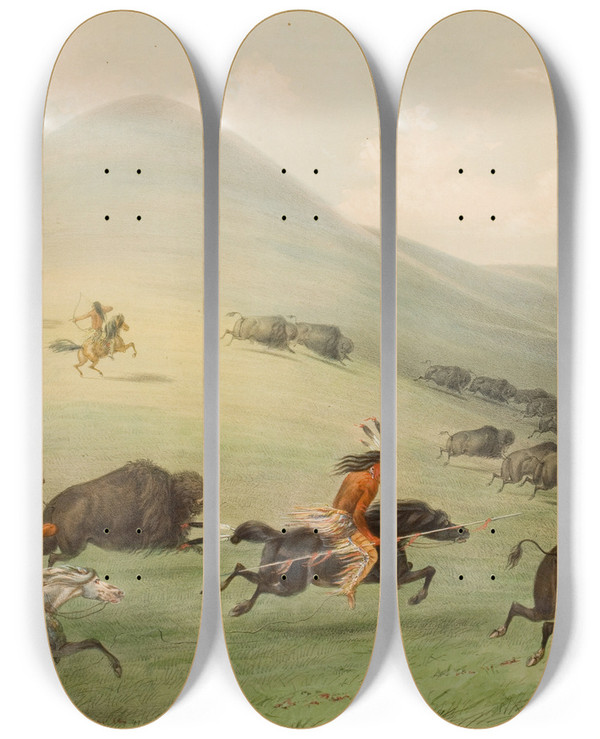 Triptych art skateboard deck of George Catlin Buffalo Hunt Horseback by George Catlin (1796-1872)