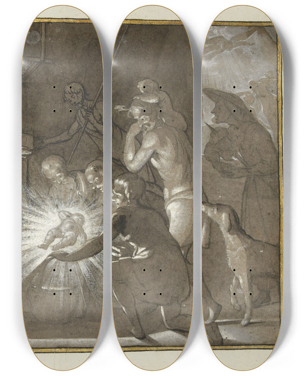Triptych art skateboard deck of Gerard Ter Borch Aanbidding Door De Herders by Gerard Ter Borch (1617-1681)