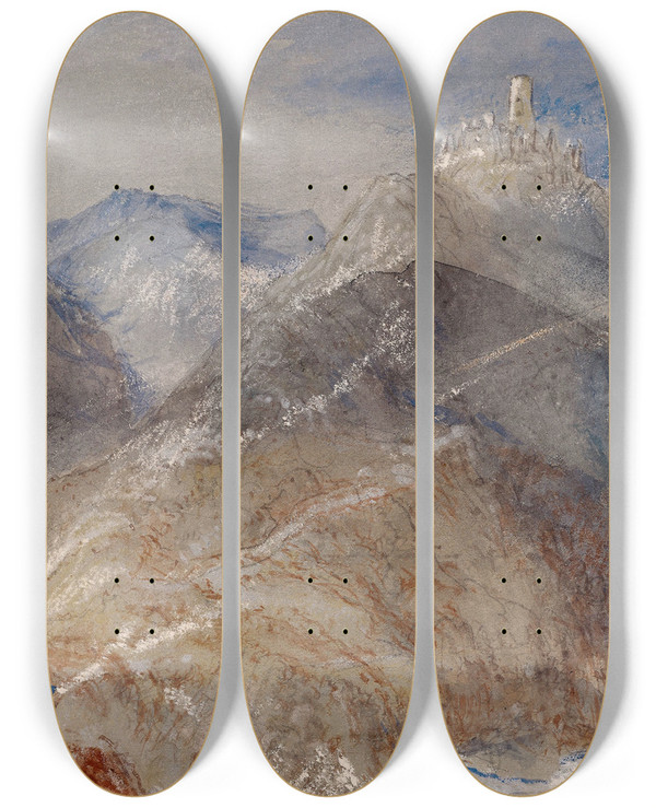 Triptych art skateboard deck of Joseph Mallord William Turner Castle On Height Near Geneva by Joseph Mallord William Turner (1775-1851)