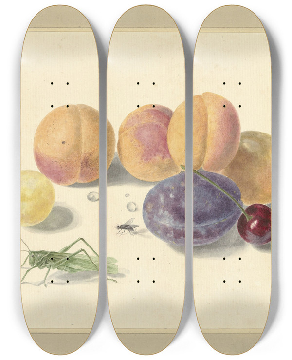 Triptych art skateboard deck of Elisabeth Geertruida Van De Kasteele Perziken Pruimen Kersen En Twee Insecten After Michiel Van Huysum by Elisabeth Geertruida Van De Kasteele (1818-1853)