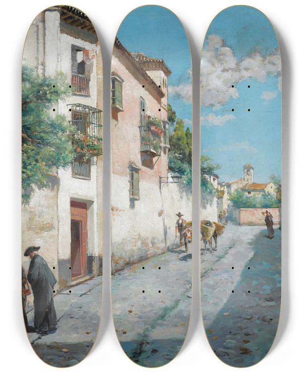 Triptych art skateboard deck of Manuel Garca Y Rodrguez Calle En Granada In The Street Granada by Manuel Garcia Y Rodriguez (1863-1925)