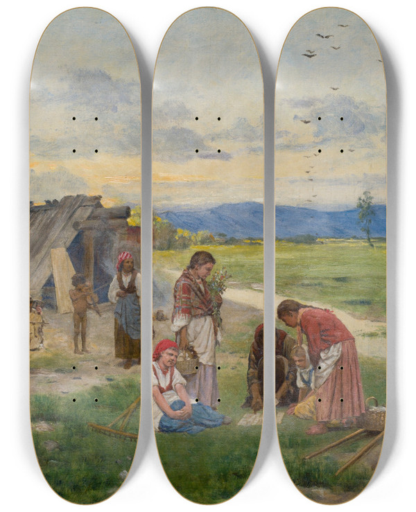 Triptych art skateboard deck of Antoni Kozakiewicz Gypsies by Antoni Kozakiewicz (1841-1929)
