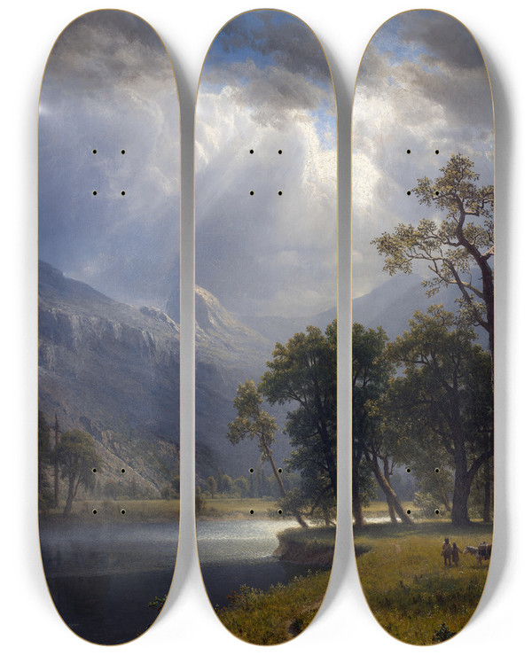 Triptych art skateboard deck of Albert Bierstadt Mount Starr King Yosemite by Albert Bierstadt (1830-1902)