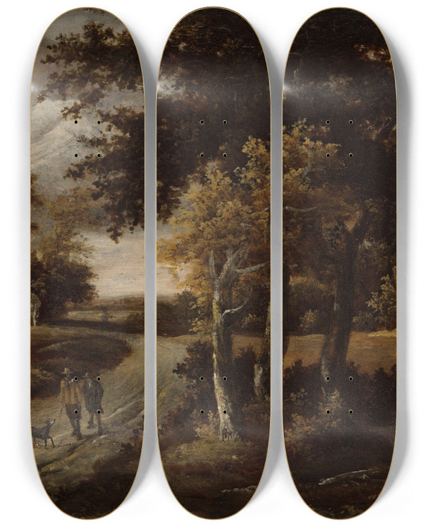 Triptych art skateboard deck of Meindert Hobbema Wooded Landscape With Figures On Apath_2 by Meindert Hobbema (1638-1709)