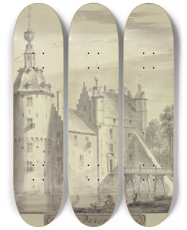 Triptych art skateboard deck of Abraham De Haen The Younger Tslot Te Boksmeer by Abraham de Haen the Younger (1707-1748)