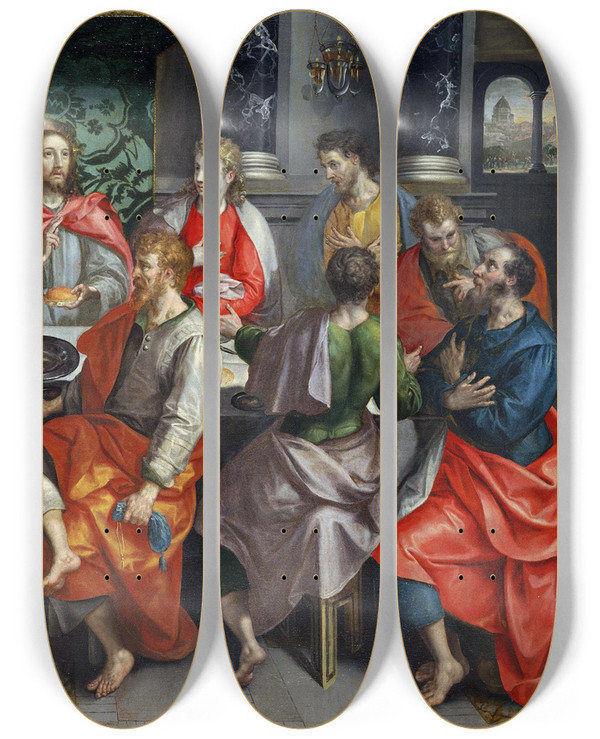Triptych art skateboard deck of Maerten De Vos The Last Supper by Maerten De Vos (1532-1603)