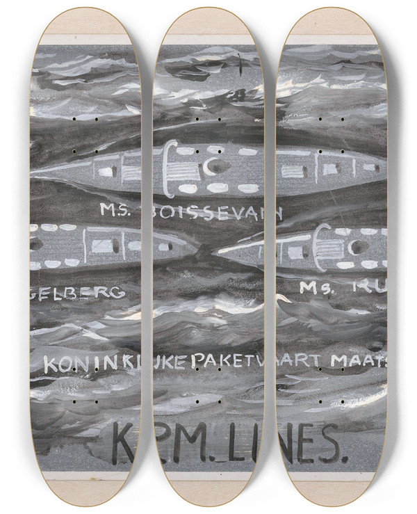 Triptych art skateboard deck of Carel Adolph Lion Cachet Ontwerp Voor Vignet Van De Koninklijke Paketvaart Maatschappij Kpm Lines by Carel Adolph Lion Cachet (1864-1945)