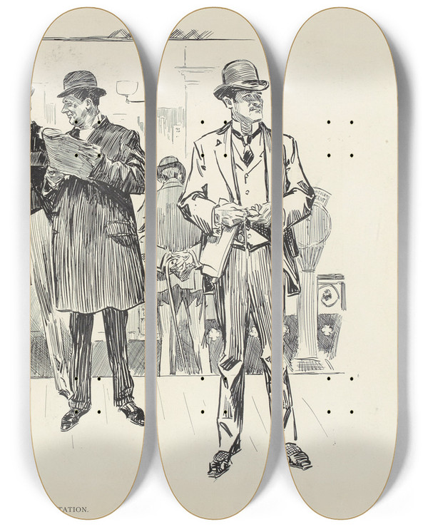 Triptych art skateboard deck of Charles Dana Gibson An Elevated Station_1 by Charles Dana Gibson (1867-1944)