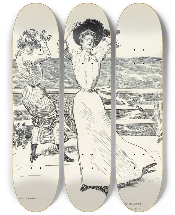 Triptych art skateboard deck of Charles Dana Gibson A Northeaster_1 by Charles Dana Gibson (1867-1944)
