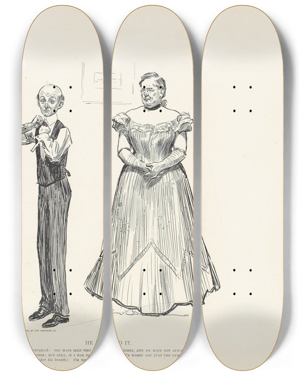 Triptych art skateboard deck of Charles Dana Gibson He Doubted It_1 by Charles Dana Gibson (1867-1944)