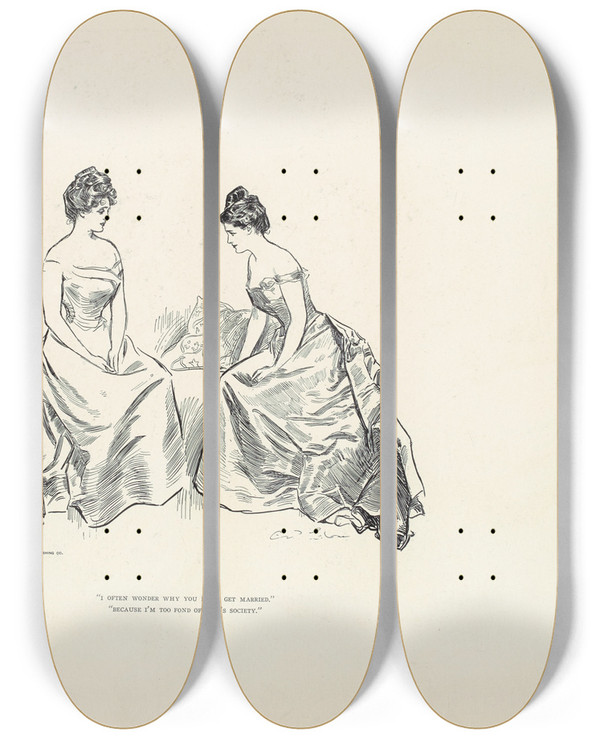 Triptych art skateboard deck of Charles Dana Gibson I Often Wonder Why You Dont Get Married by Charles Dana Gibson (1867-1944)