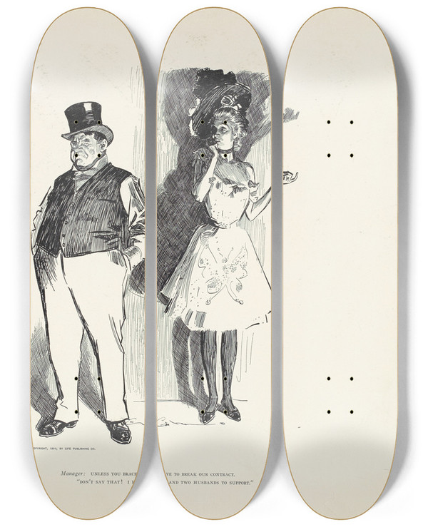Triptych art skateboard deck of Charles Dana Gibson Manager Unless You Brace Up Ill Have To Break Our Contract_1 by Charles Dana Gibson (1867-1944)