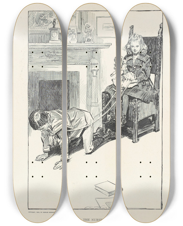 Triptych art skateboard deck of Charles Dana Gibson The Nursery_1 by Charles Dana Gibson (1867-1944)