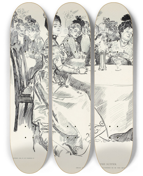 Triptych art skateboard deck of Charles Dana Gibson The Supper_1 by Charles Dana Gibson (1867-1944)