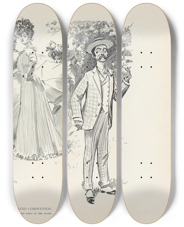 Triptych art skateboard deck of Charles Dana Gibson To Bachelors Who Wish To Avoid Competition_1 by Charles Dana Gibson (1867-1944)