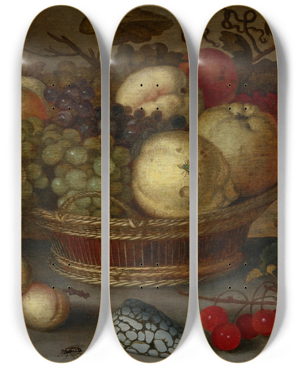 Triptych art skateboard deck of Balthasar Van Der Ast Apples And Grapes In A Basket With Fruit And Shells On A Stone Ledge by Balthasar Van Der Ast (1593-1657)