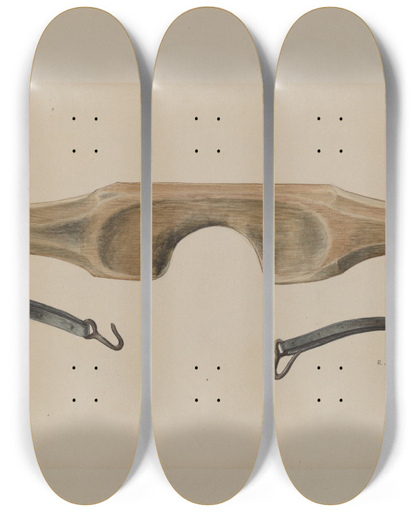 Triptych art skateboard deck of Ralph Atkinson Economy Shoulder Yoke by Ralph Atkinson (20-)