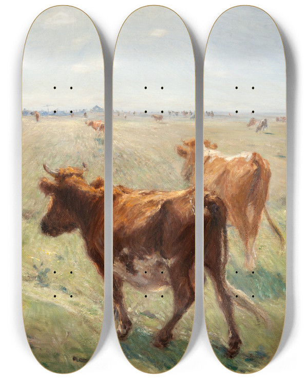 Triptych art skateboard deck of Theodor Philipsen Cows Out To Graze by Theodor Philipsen (1840-1920)