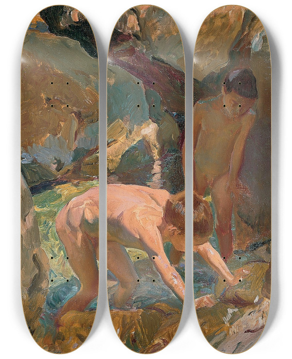 Triptych art skateboard deck of Joaqun Sorolla Children Looking For Shellfish by Joaquin Sorolla (1863-1923)