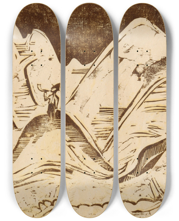 Triptych art skateboard deck of Ernst Ludwig Kirchner Landschaft Mit Blasendem Hirten by Ernst Ludwig Kirchner (1880-1938)