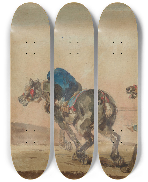 Triptych art skateboard deck of Piotr Michaowski Workhorses With A Coachman by Piotr Michalowski (1800-1855)
