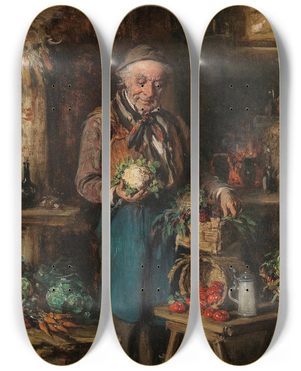 Triptych art skateboard deck of Hermann Kern Der Gemsehndler_1 by Hermann Kern (1838-1912)