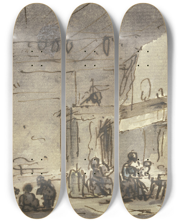 Triptych art skateboard deck of Hendrik Spilman Gesellschaft In Einem Zimmer Mit Kamin by Hendrik Spilman (1721-1784)