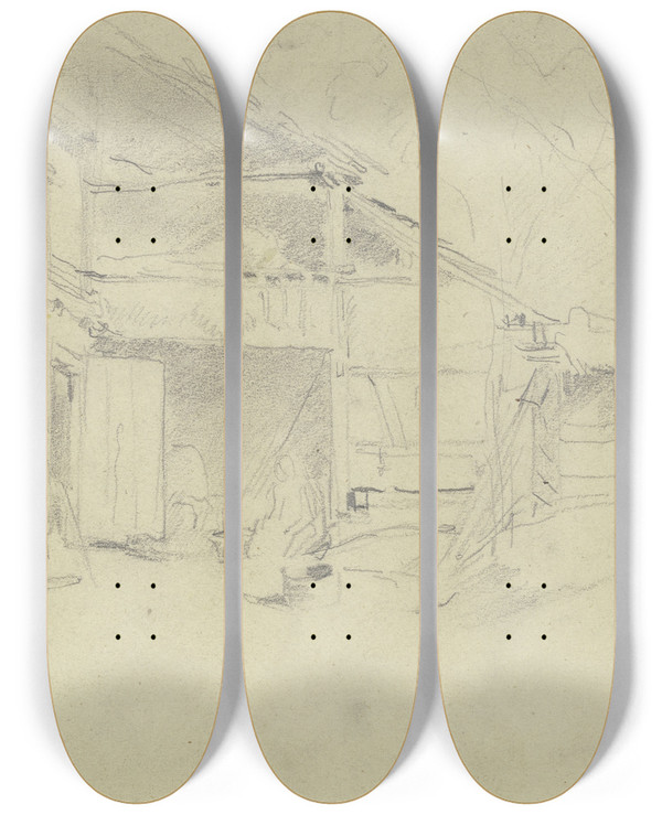 Triptych art skateboard deck of Anton Burger Teilansicht Eines Bauernhauses Mit Vorgebautem Stall by Anton Burger (1824-1905)