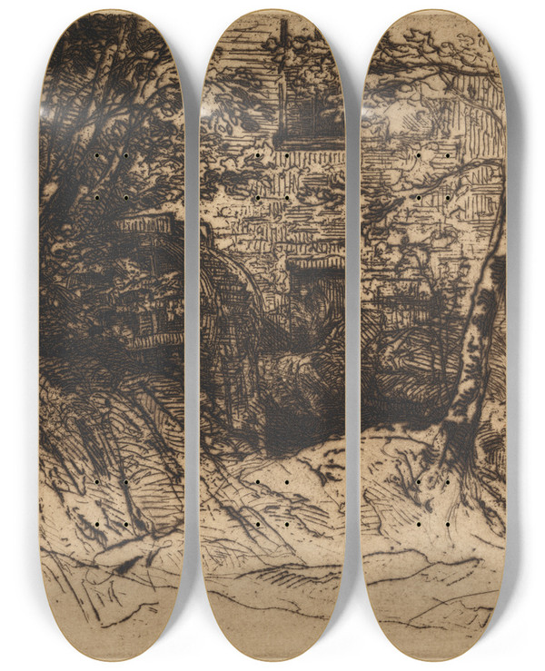 Triptych art skateboard deck of Francis Seymour Haden The Millwheel by Francis Seymour Haden (1818-1910)