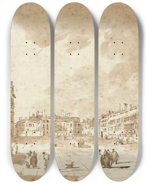 Triptych art skateboard deck of Francesco Guardi View Of Campo S Polo by Francesco Guardi (1712-1793)