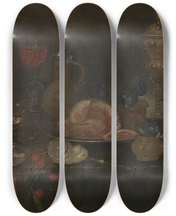 Triptych art skateboard deck of Alexander Adriaenssen Still Life With Flowers Ham Game Shellfish And Fruit by Alexander Adriaenssen (1587-1661)