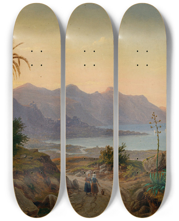 Triptych art skateboard deck of Eugne Von Gurard Sdliche Kstenlandschaft Mit Palmen by Eugene Von Guerard (1811-1901)
