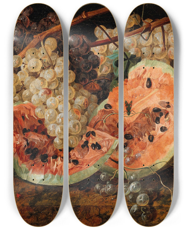 Triptych art skateboard deck of Leopold Zinngger Still Life With Watermelon And Grapes by Leopold Zinnogger (1811-1872)