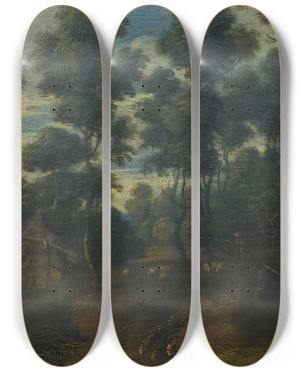 Triptych art skateboard deck of Lucas Van Uden A Landscape With Shepherds On A Path by Lucas Van Uden (1595-1672)